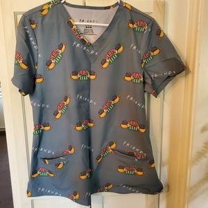 Womens FRIENDS Scrub Top Shirt Size M Plus TV SHOW Central Perk Sitcom Pockets